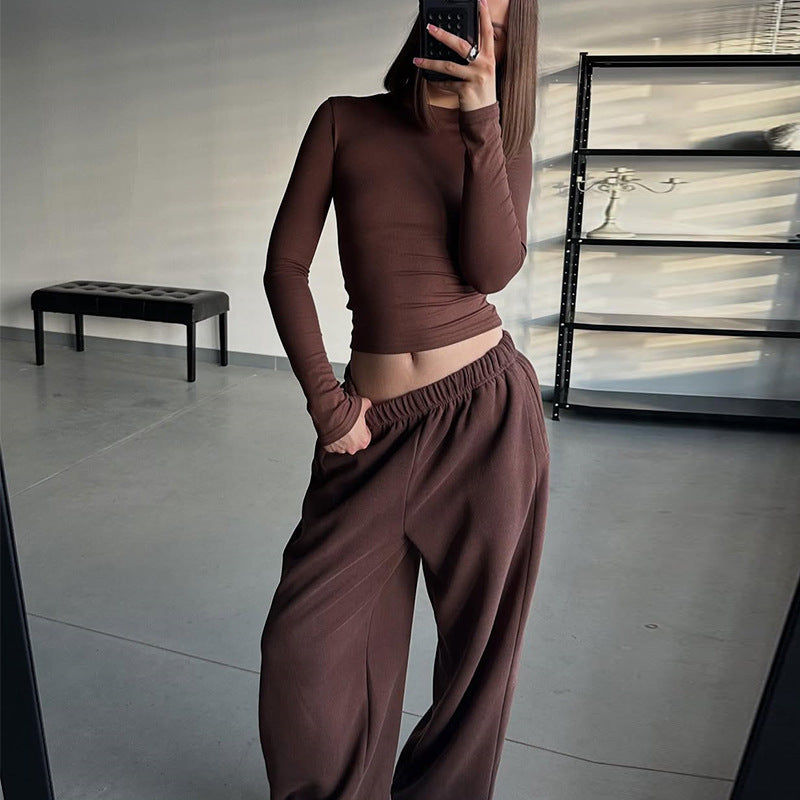 Women's Solid Color Round Neck Slim Fit Long Sleeve T-shirt High Waist Loose Sweatpants Set