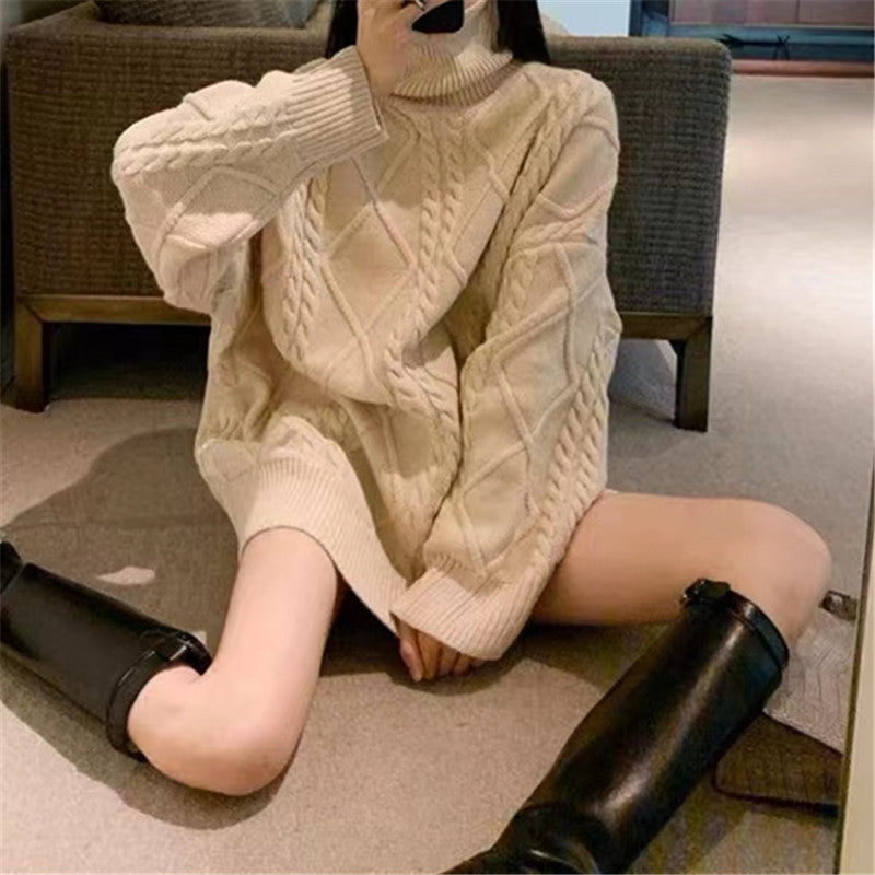 High-neck Design Cable Knit Sweater Women Autumn