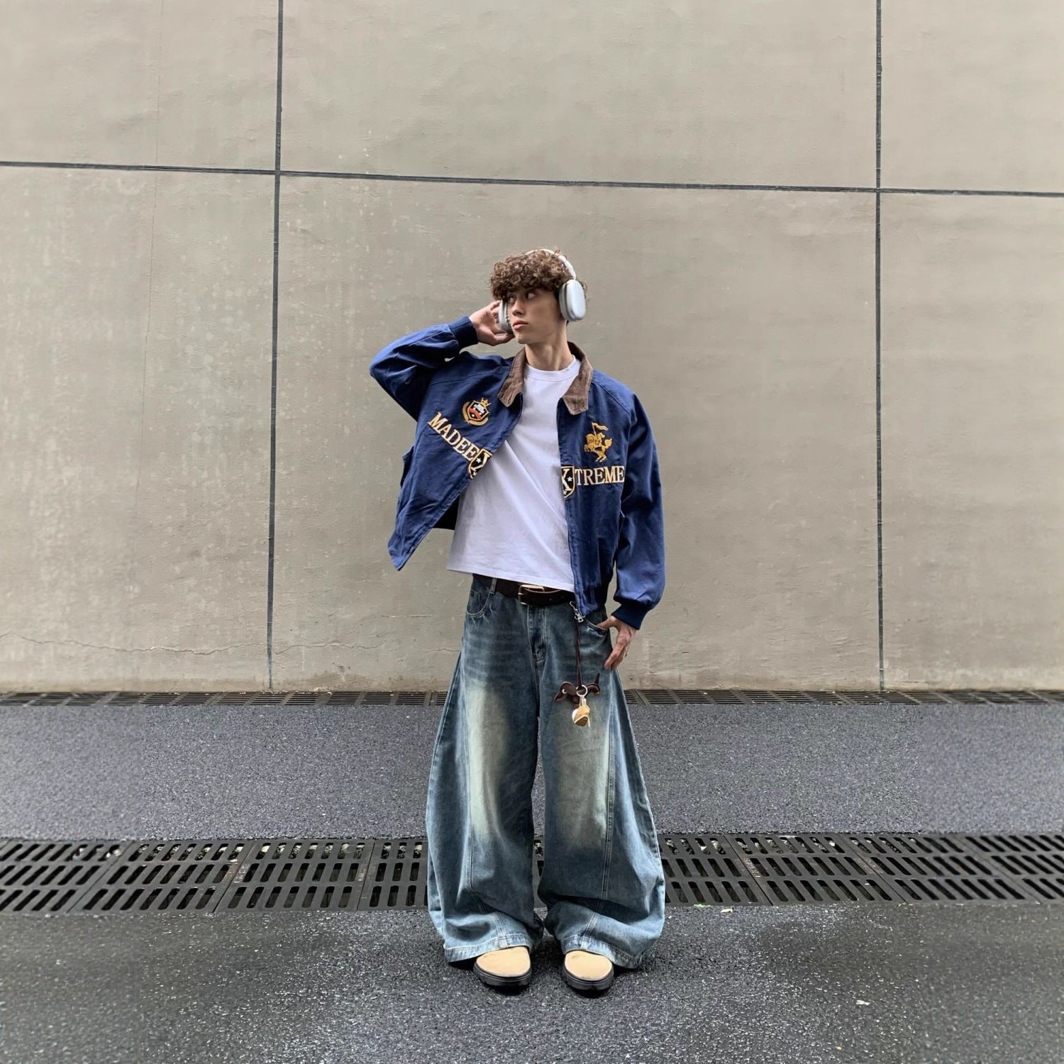 Streetwear Navy Blue Cropped Baseball Jacket