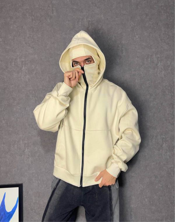 Double-layer Masked Hooded Loose Zip Men's Solid Color Hoodie