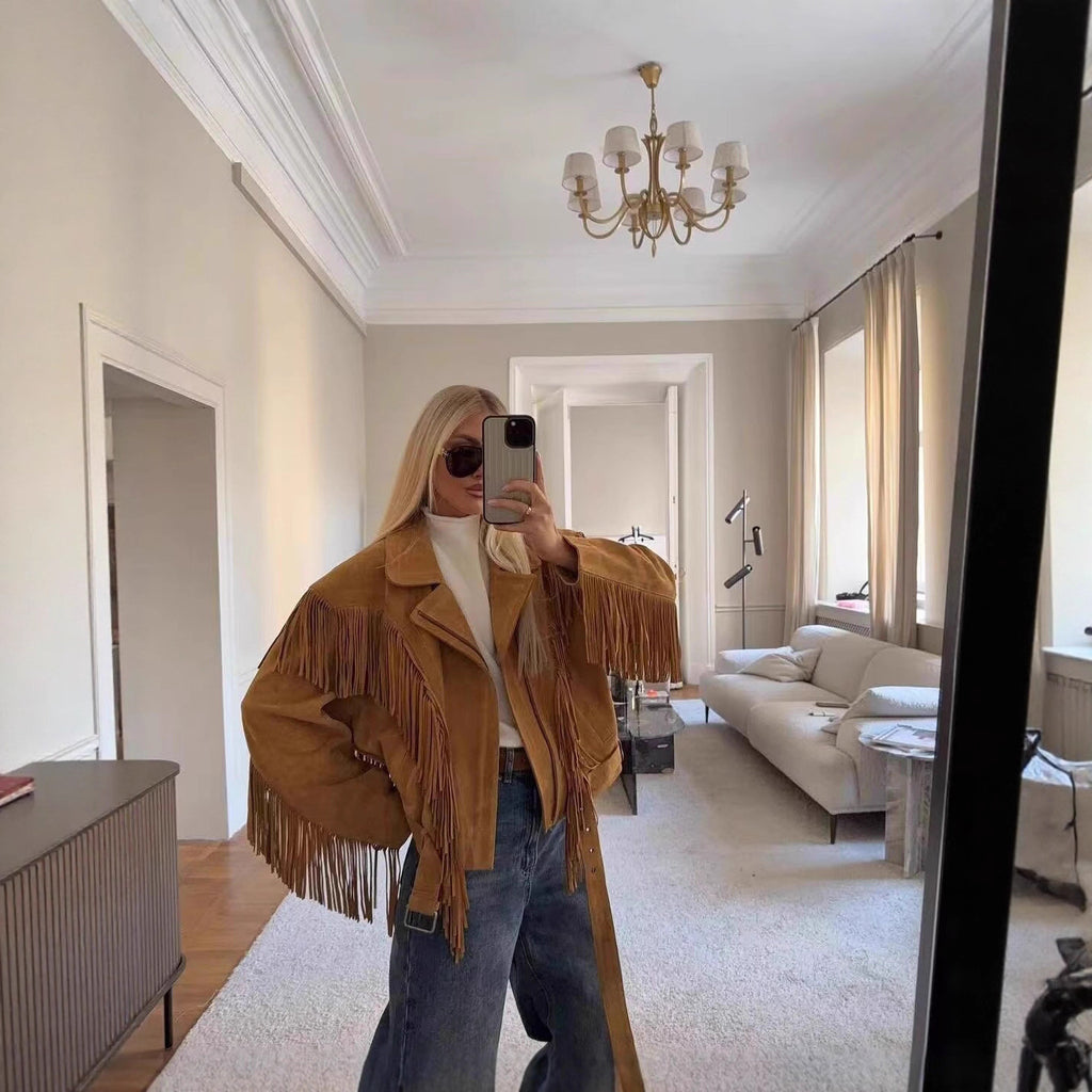 Retro-chic High-end Peplum Jacket With A Notched Collar And Fringed Wide Shoulders