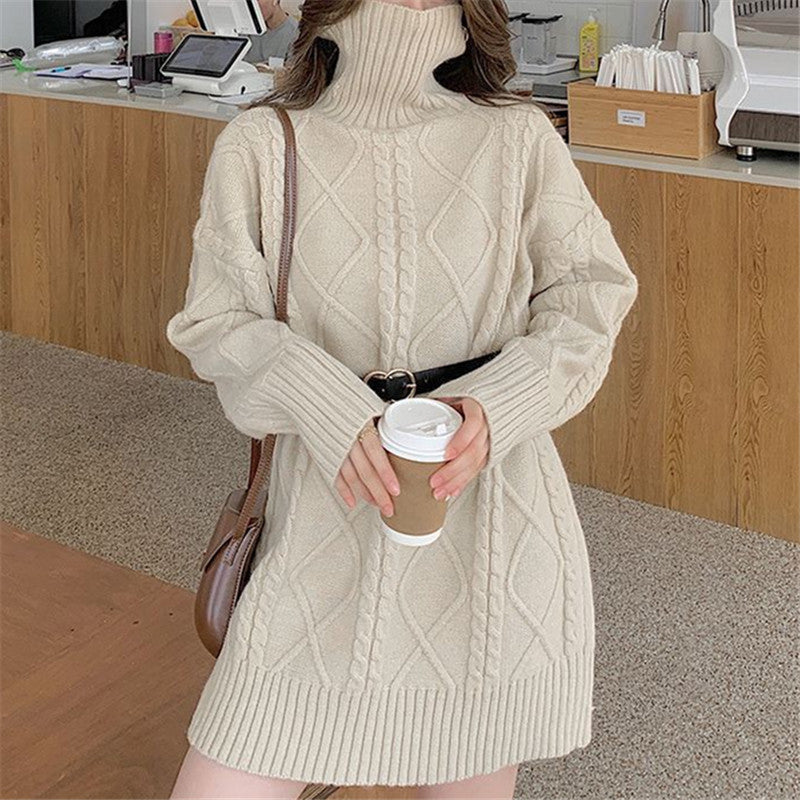 High-neck Design Cable Knit Sweater Women Autumn